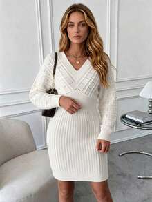 Off-White V-Neck Knit Dress, Diamond Hollow & 3D Cable Knit Texture, Suitable For Casual, Vacation And Date Wear - Off-white - View 3