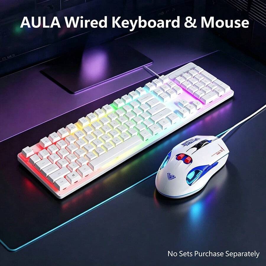 AULA 104-Key Mechanical Feel Wired Keyboard, RGB Backlit Gaming Keyboard, USB External Keyboard And Mouse For PC Laptop, Black/White Original Keyboard