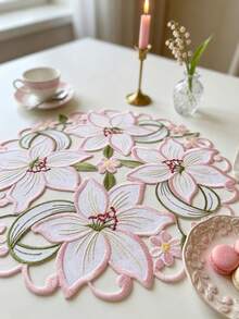 1pc White & Pink Round Floral Embroidered Placemat, 40cm Hollow Lily Lace Table Mat, Vintage Country Style Decorative Table Mat, Suitable For Dining Table, Home Party Decoration - Pink - View 3