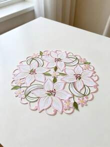 1pc White & Pink Round Floral Embroidered Placemat, 40cm Hollow Lily Lace Table Mat, Vintage Country Style Decorative Table Mat, Suitable For Dining Table, Home Party Decoration - Pink - View 4