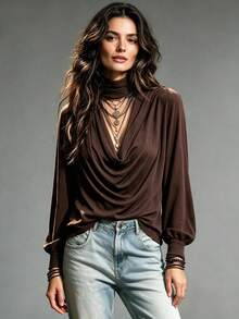 Women's Elegant Long Sleeve Top, Women's Autumn/Winter Clothing Outfit, Knitted Drape Design Loose Top, Halloween Thanksgiving Back To School Outfit, Women's Formal Office Commute Outfit, Sexy Night Outfit - Brown - View 11