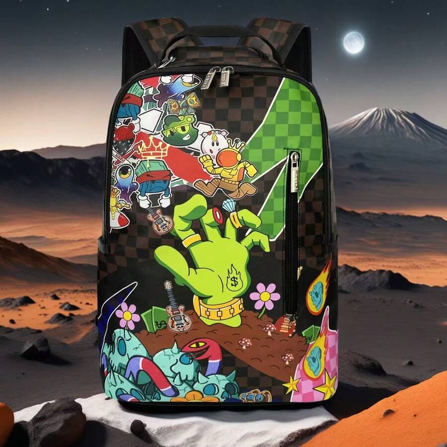 Fashionable Unisex Backpack, Large Capacity Spray Paint Ground Pattern, Back To School, Outdoor Travel Commute Laptop Backpack, Perfect Gift Choice For Kids - Brown - View 1