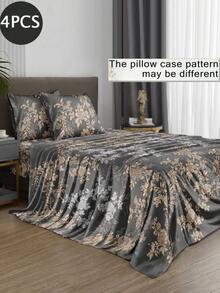 4-Piece Dark Gray Vintage Floral Plant Pattern Bedding Set, Includes 1 Fitted Sheet, 1 Flat Sheet And 2 Pillowcases, Pillow Inserts Not Included. Fitted Sheet Set, Available Sizes: King, Queen, Full, Twin. Deep Pocket Design, Fits Up To 11.8 Inch Mattress. Soft And Breathable, Wrinkle-Resistant - Dark Grey - View 2