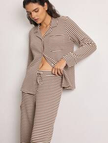 Ocili Striped Print Drop Shoulder Lounge Top PJ Set Sleep Pants - Khaki - View 3