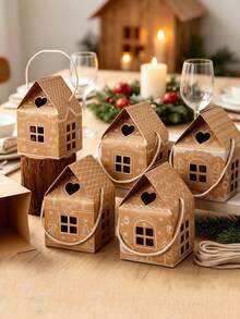 12pcs Christmas House Shaped Kraft Paper Gift Boxes With Portable Rope Handles, Vintage Christmas Print Foldable Gift Packaging Boxes, Holiday Party Favor Containers, Christmas Table Decor And Gift Wrapping Supplies - Multicolor - View 11