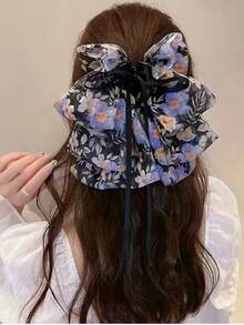 1 pieza Pinza grande para el cabello para mujer con estampado de flores blancas y negras, pinzas elegantes para el cabello, accesorios para el cabello de invierno, moda, moño para el cabello de verano - floral azul - Ver 8