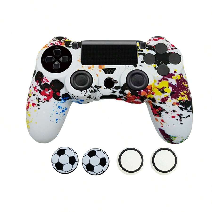 Compatible With PlayStation 4, 1pc Water Transfer Printing Pattern Game Protective Case + 4pcs Football Joystick Caps Set, Anti-Scratch Anti-Slip Anti-Sweat Anti-Drop, Enhanced Gaming Operation Feel And Experience - View 1
