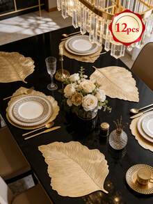 1-12pcs Gold Leaf Vein Heat-Insulated Placemats, Vintage Luxury PVC Asymmetrical Leaf Shape Waterproof Table Mats For Wedding, New Year, Family Gathering Table Decor - Multicolor - View 18