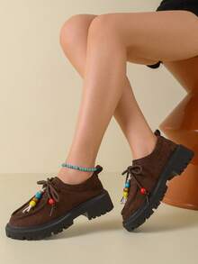 Colorful Beaded Lace-Up Suede Solid Color Retro Loafers Thick Platform Serrated Sole Slip-On Wedge Heels Fashion Versatile - Brown - View 1