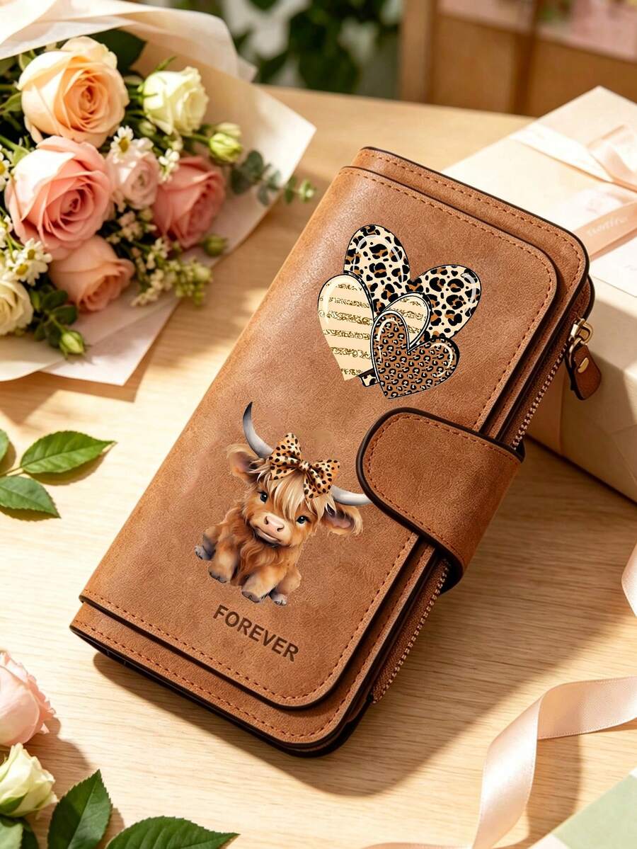 Fashionable Women's Wallet With Leopard Heart-Shaped And Highland Caw Patterns, Long Hand-Held Bag,Pocket Phone Bag That Can Store Documents - Multicolor - View 1