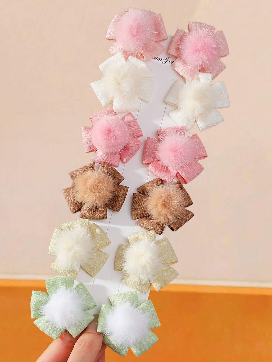 10pcs Girls Multi-Color Plush Ball Fabric Flower 5-Petal Hair Clips Duck Mouth Clips Hair Accessories For Daily Use - Multicolor - View 1
