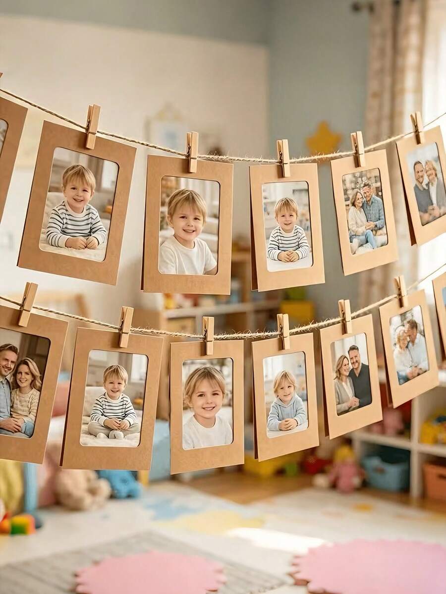 Baby Birthday Photo Clip Banner, Kraft Paper Photo Frame Garland With Wooden Clips, Children's Party Wall Decoration, Baby Shower Photo Display - Multicolor - View 1