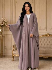 Vertical Ribbed Texture Pearl Cardigan Abaya, Batwing Wide Sleeve Loose Long Middle Eastern Robe Outerwear Single Piece - Dusty Pink - View 1