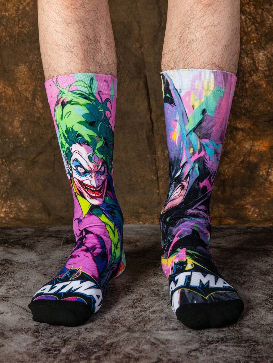 Warner Bros 1/2 Pairs Creative Street Clown Batman Cartoon Jacquard Unisex Mid-Calf Socks, Fun Halloween Gift - Multicolor - View 1