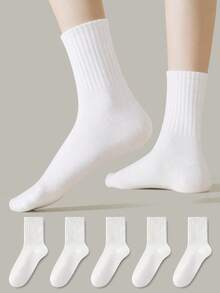 ZUJO 1/5 Pairs Women's Pure White Vertical Ribbed Mid-Calf Socks, Comfortable, Moisture-Wicking And Breathable, Classic Versatile For Daily Casual Wear, Suitable For Spring, Autumn And Winter - White - View 3