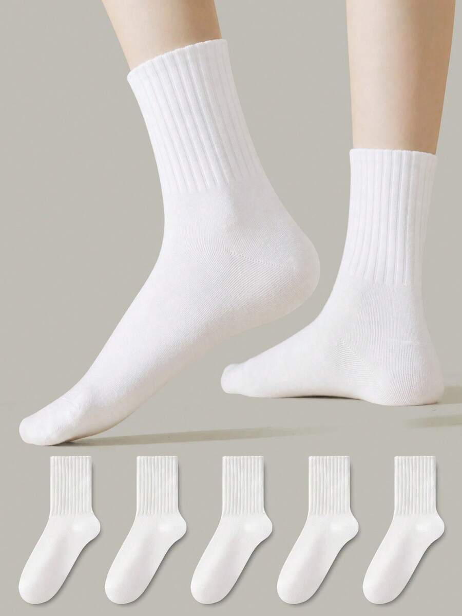 ZUJO 1/5 Pairs Women's Pure White Vertical Ribbed Mid-Calf Socks, Comfortable, Moisture-Wicking And Breathable, Classic Versatile For Daily Casual Wear, Suitable For Spring, Autumn And Winter - White - View 1