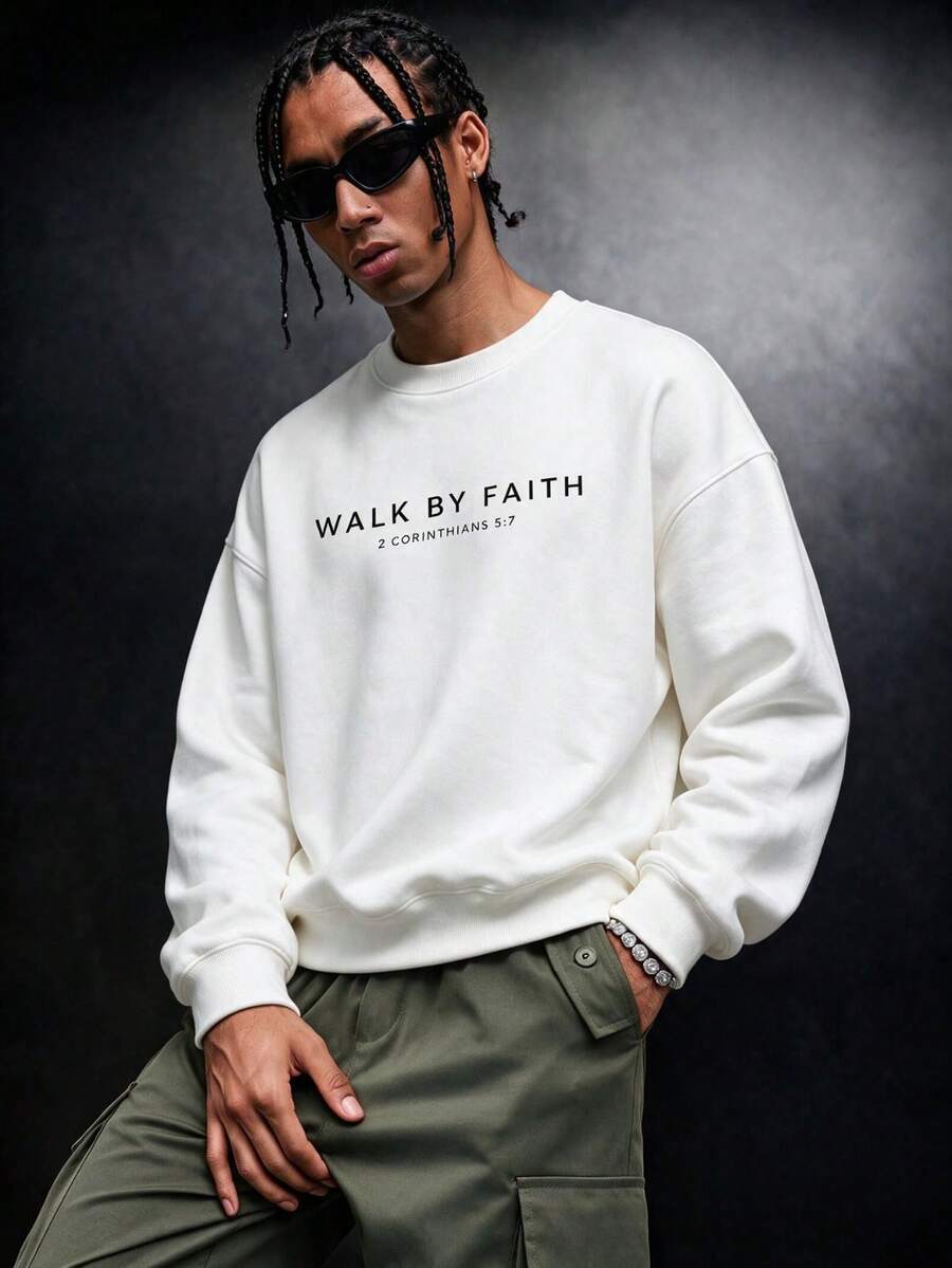 SU ER Men's Casual Crew Neck Sweatshirt, Autumn/Winter, Street Style Essential - White - View 1