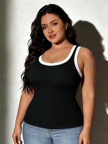 1pc All-Season Plus Size Color Block Trim Deep U-Back Tank Top, 2-In-1 Built-In Padded Cups, Slim Fit Outerwear Base Layer Sleeveless Top - Black - View 3