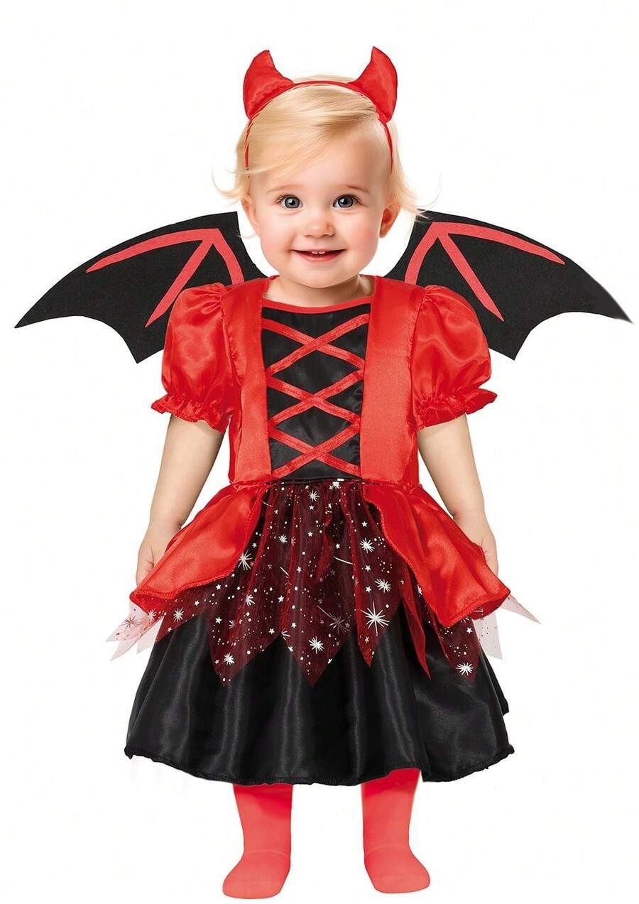 KIWI Little Devil Costume For Babies, Fun And Colorful Complete Costume With Red And Black Dress, Wings, Ideal For Halloween And Carnival - DEVIL BABY 2 - View 1