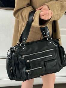 American Retro Motorcycle Bag New Sweet Cool Punk Style Large Capacity Tote Bag Commute Outing Daily Shopping Shoulder Crossbody Bag - Black - View 9