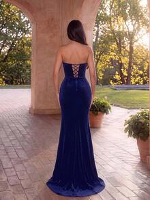 ADYCE Elegant V Neck Tube Top Waisted Backless Bodycon Rhinestone Fishbone High-Slit With A Train Bridesmaid Dress Christmas Wedding Guest Formal Dinner - Navy Blue - View 6
