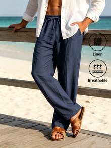 Men's Summer Linen Casual Long Pants With Drawstring Elastic Waist, Breathable Straight Leg Beach Vacation Daily Commute Trousers - Navy Blue - View 1