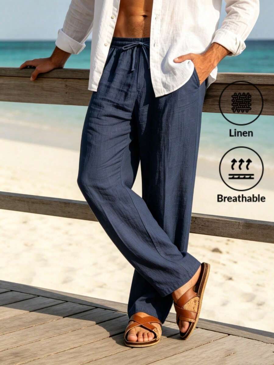 Men's Summer Linen Casual Long Pants With Drawstring Elastic Waist, Breathable Straight Leg Beach Vacation Daily Commute Trousers - Navy Blue - View 1