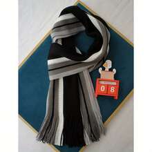 1 buah Syal Pria Rajut Luar Ruangan Bergaya Korea, Motif Garis-Garis, Warna Kontras, Bahan Akrilik Hangat, Tahan Dingin, dan Rumbai - MultiWarna - View 12