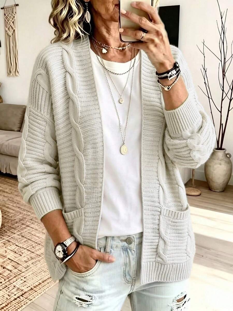 Plus Size Women Fall Winter Open Front Cable Knit Cardigan, Long Sleeve Pocket Loose Soft Warm Casual Knit Sweater Coat White - White - View 1