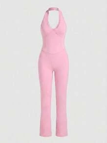 Never me Women's Halter Lace V-Neck Jumpsuit With Padded Chest, Open Back, Yoga Pilates Flare Leg Jumpsuit - Pink - View 3