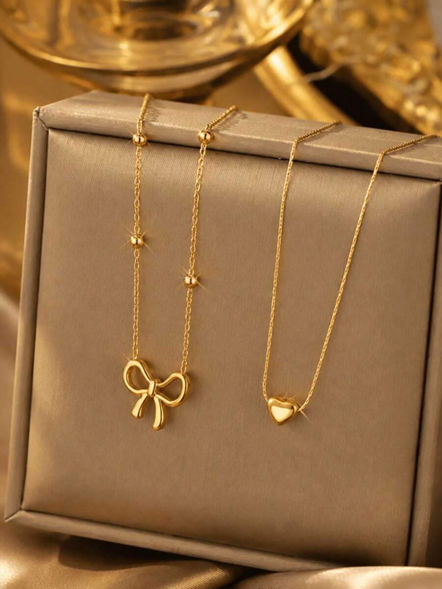 VceTd 2PCS Set Kalung Wanita Elegan Bergaya dari Baja Tahan Karat dengan Liontin Bentuk Hati/Pita, Cocok untuk Pemakaian Sehari-hari, Kencan, atau Hadiah - Yellow Gold - View 1