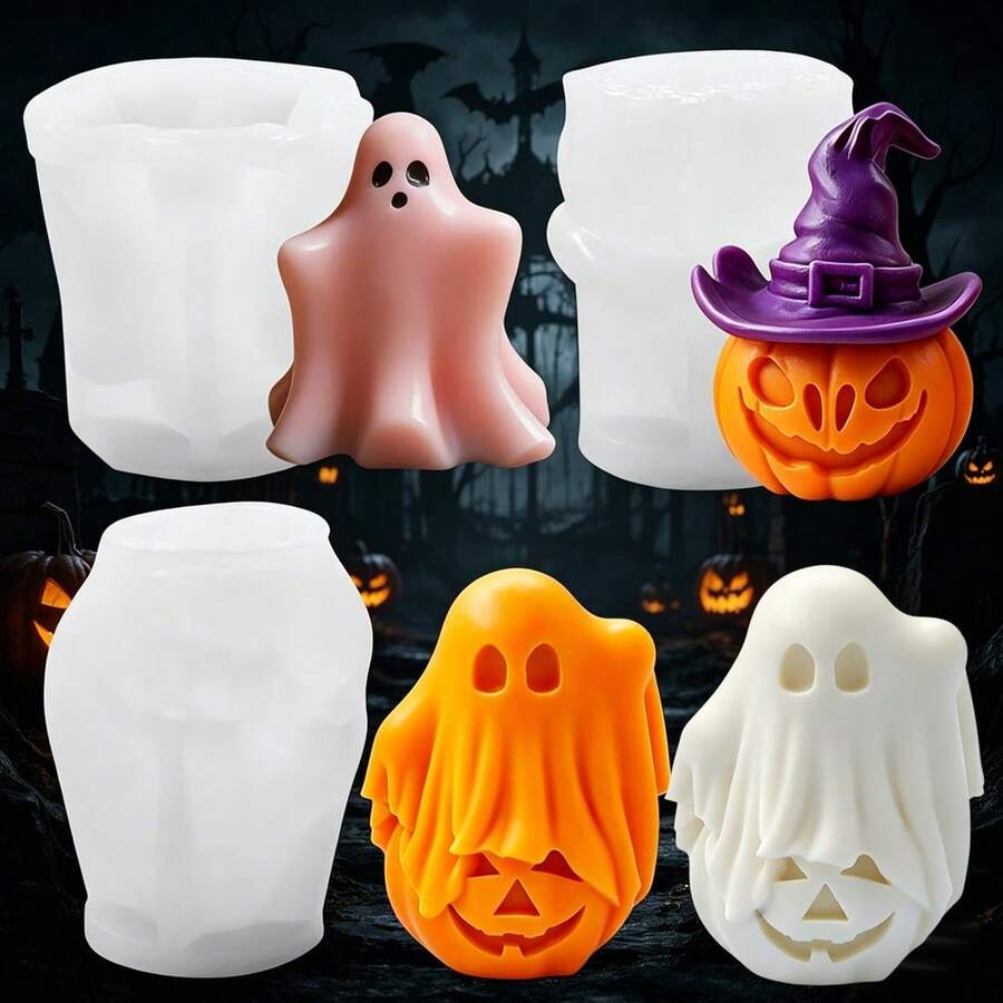 3pcs Halloween Pumpkin Ghost Silicone Candle Molds, Halloween Pumpkin Ghost Element Halloween Plaster Ornament Aromatherapy Silicone Molds - White - View 1