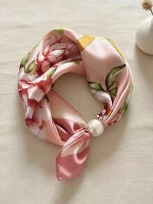 1pc Premium Large Pearl (2.5CM Diameter) Magnetic Buckle Scarf Necklace, Neck Ring Scarf, Slouchy Necklace Style Printed Scarf, Lightweight Versatile Accessory Suitable For All Seasons - Multicolor - View 4