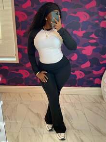Fashionable Women's Round Neck Long Sleeve Cropped Top With Flare Pants 2 Pieces Set, Suitable For Daily Casual Wear Or Autumn Outfit - Black - View 2