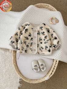 Baby Girl Floral Print Thick Warm Thermal Lined Jacket, Winter - Apricot - View 12