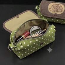 Cute Hedgehog Polka Dot Pencil Case, Large Capacity Student Pencil Box, Stationery Storage Bag, Makeup Bag - Green - View 3