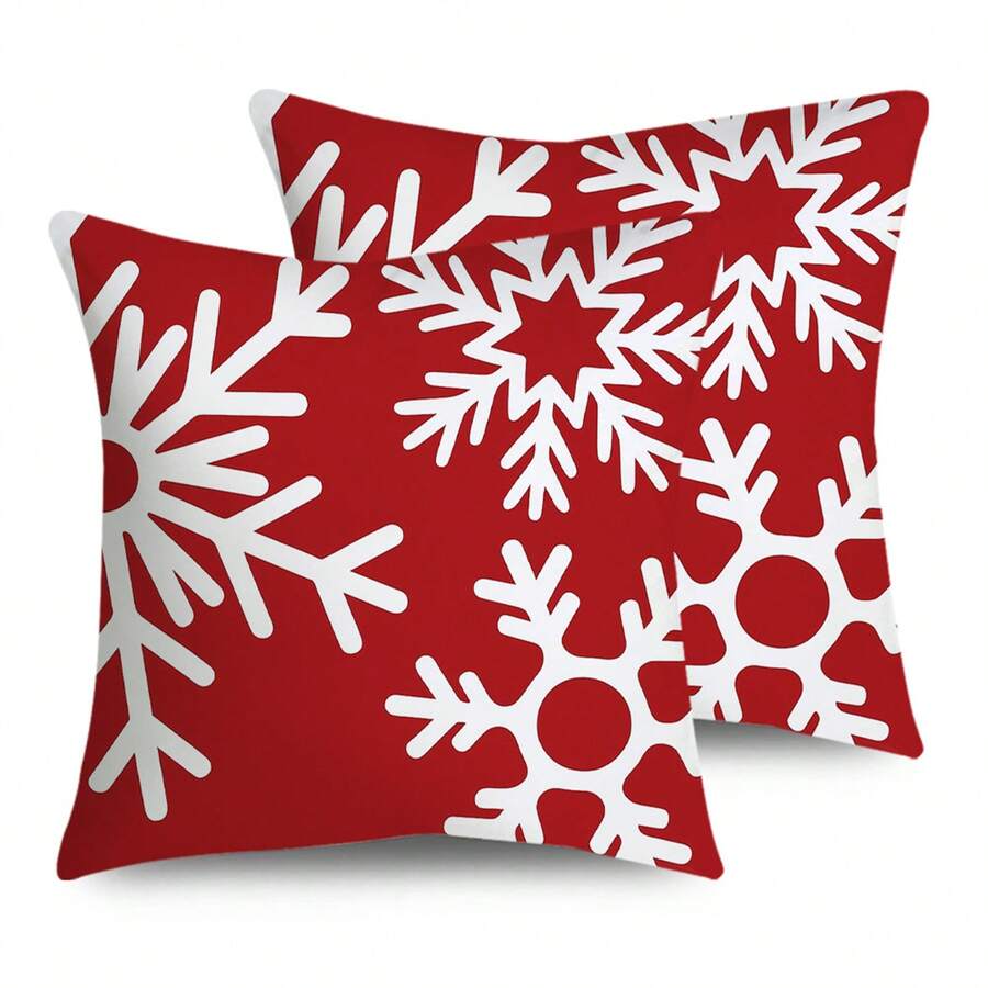 2PCS Christmas Pillowcase, Bright Red Background With Geometric White Snowflake Print Decorative Pillow Cover, Winter Holiday Home Sofa And Bedroom Decor Pillowcase Single Side Without Pillow Core - Red - View 1