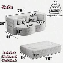 Modern Floor Sofa With 2 Pillows Convertible Teddy Fabric FoamFilled Sleeper Sofa Bed 15" Full Size Folding Mattress For Living Room Guest Bed Playroom No Assembly Required Grey Old Sku:W1885P230385 - Gris - Ver 9