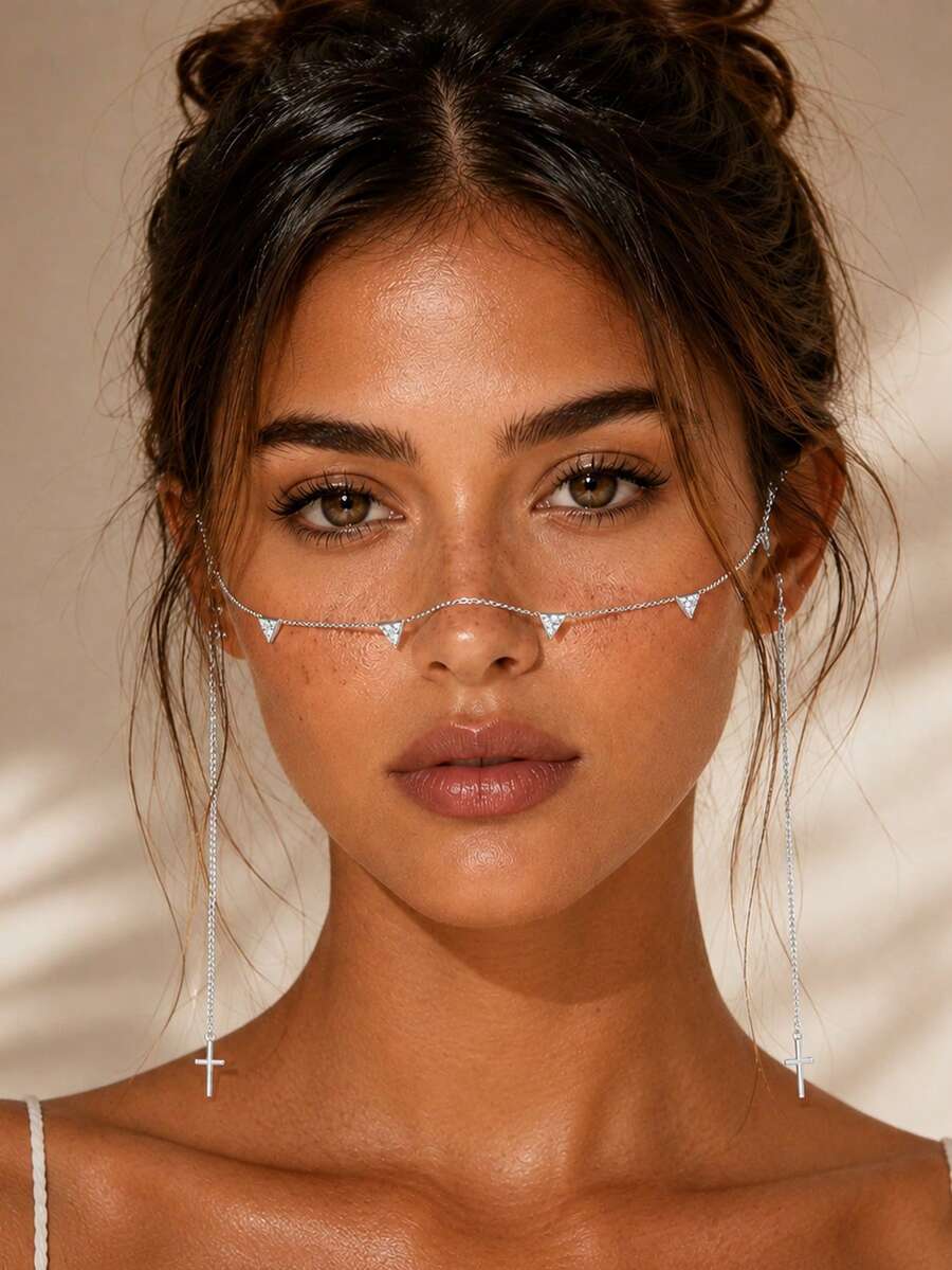 1pc New Cross Face Chain, Unique Design Mask Chain, Ear & Nose Bridge Chain, Party Photo Accessory - Silver - View 1