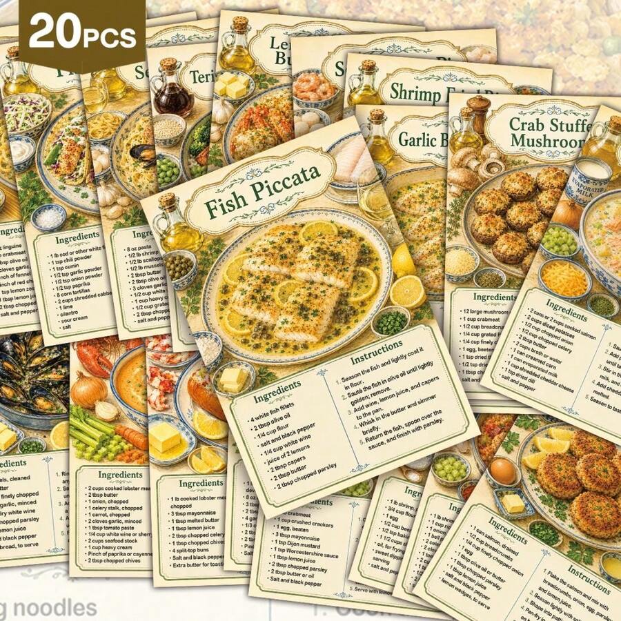 20 بطاقة بريدية عتيقة لوصفات المأكولات البحرية، رسوم توضيحية لدليل طهي المطبخ الساحلي مع المكونات والخطوات، مناسبة لديكور جدران المطبخ وألبومات الصور والحرف اليدوية