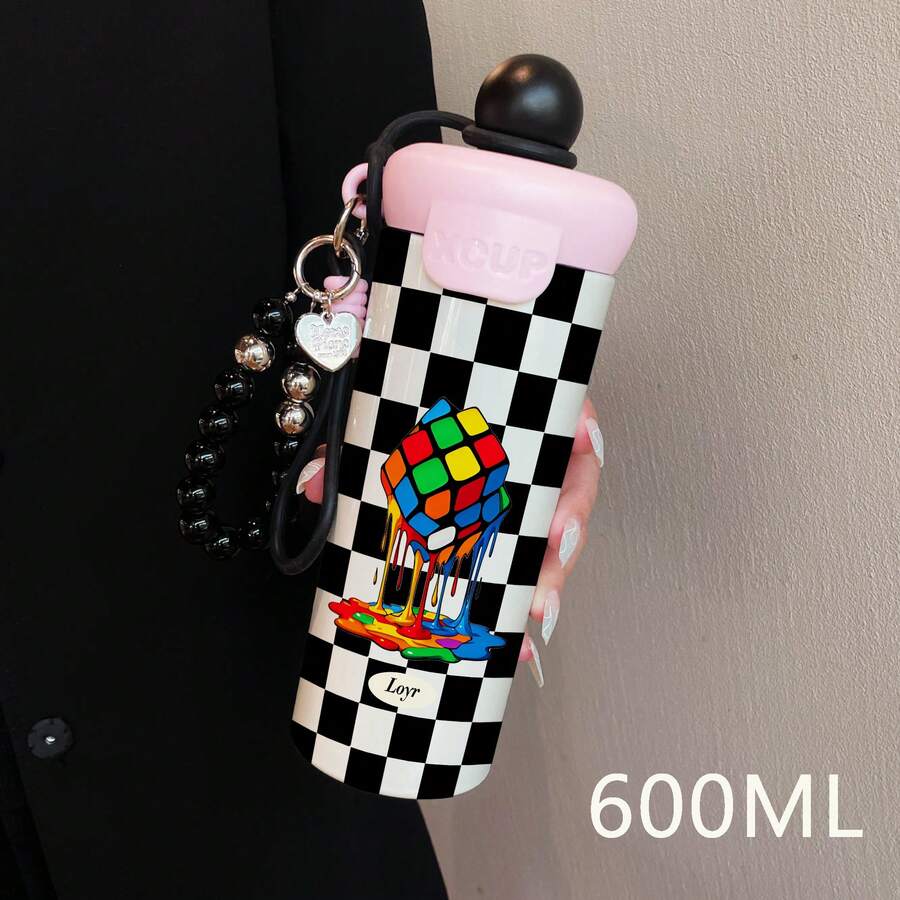 1PC 600ML Creative Checkered, Simple Checkered, English Check Pattern Stainless Steel Insulated Cup, Dual-Drink Coffee Cup, Portable Straw Cup, Stylish Lanyard Insulated Cup, Suitable For Office, Home, Gift Recommendations, Coffee/Milk/Tea - Multicolor - View 1