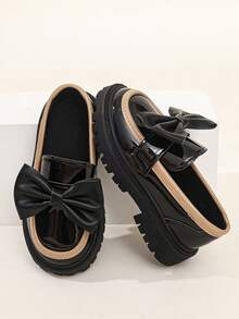 Girls' Shiny Black & Brown Colorblock Loafers, Thick Sole Slip-On Non-Slip Versatile British Style Shoes - Black - View 1