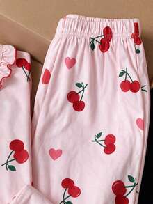 Spring/Autumn Girl Sweet Bow Cherry+Heart Shaped Printed Pink Long Sleeve+Fully Printed Pants Sleepwear 2 Pieces Set,Soft Fabric,Suitable For Home Sleep - Pink - View 6