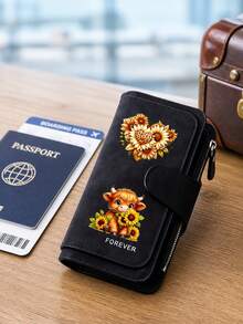 Printed Pu Wallet With Scottish Highland Bull Hug Sunflower And Leopard Print Heart-Shaped Floral Pattern, Can Be Used As A Wallet, Card Bag, Handbag, And Multifunctional Storage Bag. It's The Perfect Gift For Birthdays, Thanksgiving, And Christmas,Travel Essential - Multicolor - View 3
