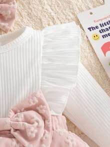 Autumn/Winter Baby Girl Cute White Flutter Sleeve Patchwork Pink Double Layer Ruffle Romper & Bow Socks & Bow Headband Holiday Gift Stylish Outfit - White - View 7