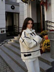 Women's Beige Premium Design Zippered Plush Coat LQ Winter Coats - Beige - View 3