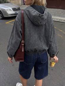 Women's Vintage Washed Denim Jacket With Hood And Pockets - Grey - View 2