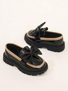 Girls' British Style Colorblock Slip-On Loafers, Thick Sole Versatile Princess Dress Shoes For Spring And Autumn - Black - View 1