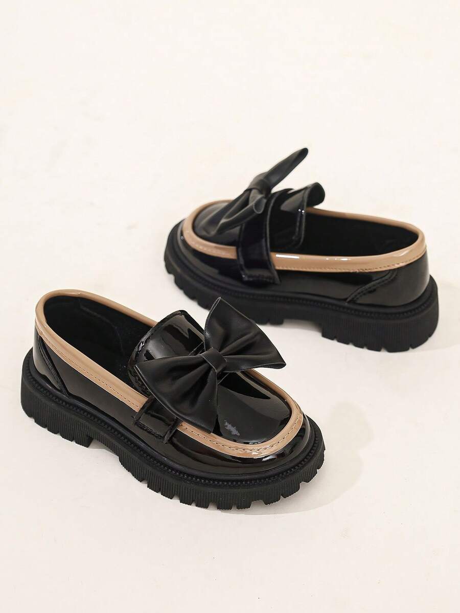 Girls' British Style Colorblock Slip-On Loafers, Thick Sole Versatile Princess Dress Shoes For Spring And Autumn - Black - View 1