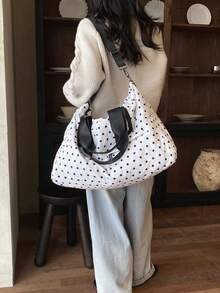 Dedoo 女款波點絎縫圖案托特手提包，外層拉鍊口袋，大容量，休閒風格，2026秋冬通勤旅行學生女款 - 白色 - 查看 12